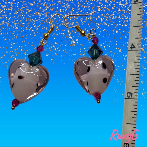 Handmade Heart Earrings with Pink , Gray and Gold Accents w/ Swarovski crystals - Picture 3 of 7